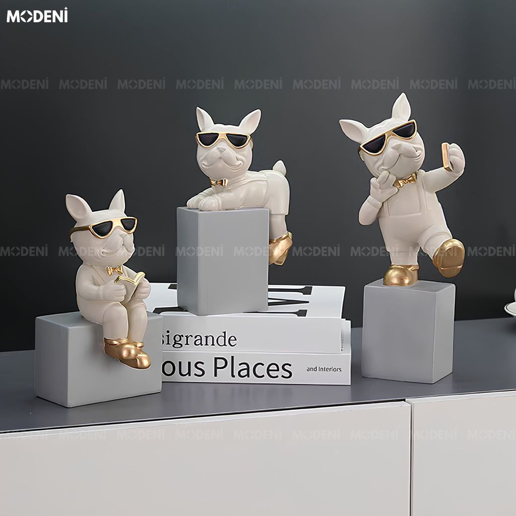 Tượng Trang Trí Chó Bulldog Duo Kiêm Chặn Sách Composite Xám Hiện Đại Cá Tính