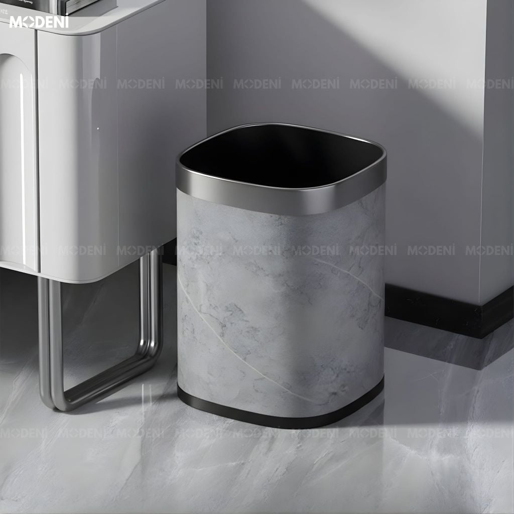 Thùng rác Rowan kim loại giả đá cẩm thạch nghệ thuật vân xám trung tính cho không gian sinh hoạt hiện đại sang trọng