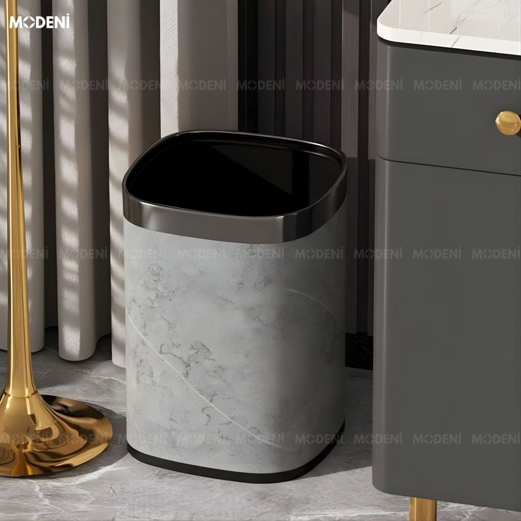 Thùng rác Rowan kim loại giả đá cẩm thạch nghệ thuật vân xám trung tính cho không gian sinh hoạt hiện đại sang trọng
