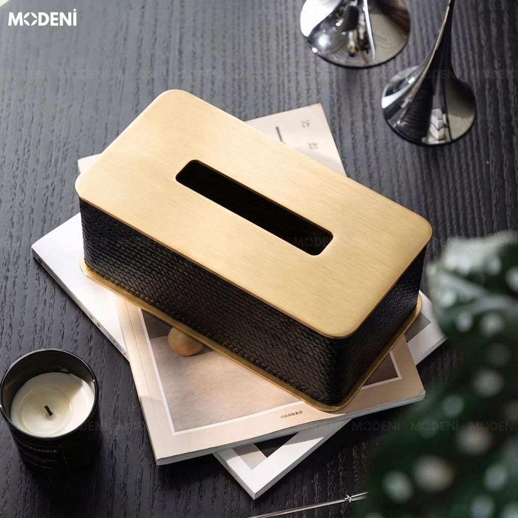 Hộp Khăn Giấy Keris Chữ Nhật Đen Da PU Cao Cấp Nắm Kim Loại Hiện Đại Cho Phòng Khách