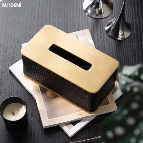  Hộp Khăn Giấy Keris Chữ Nhật Đen Da PU Cao Cấp Nắm Kim Loại Hiện Đại Cho Phòng Khách 