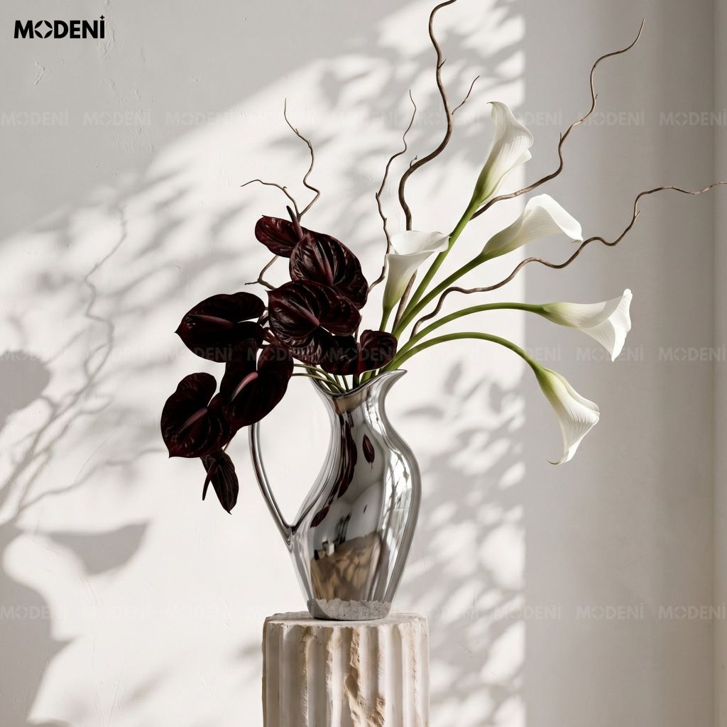 Bình Hoa Sứ Moonlit – Dáng Bình Tay Cầm Nghệ Thuật, Màu Bạc Gương Sang Trọng