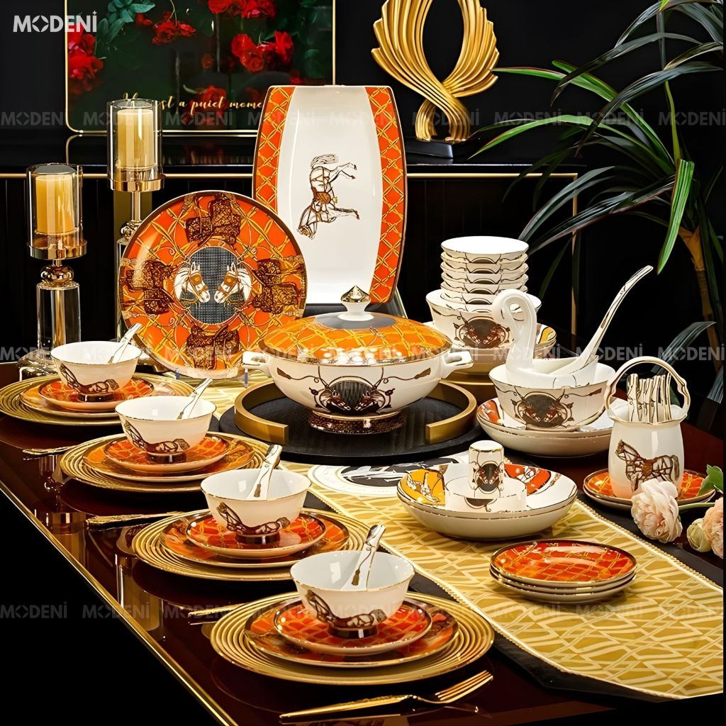 Bộ Chén Đĩa Sứ Xương Cao Cấp Cavalla – Họa Tiết Ngựa Quý Sang Trọng, Sắc Cam Hermes Biểu Trưng Cho Phong Cách Sống Thượng Lưu Trên Bàn Tiệc Sang Trọng