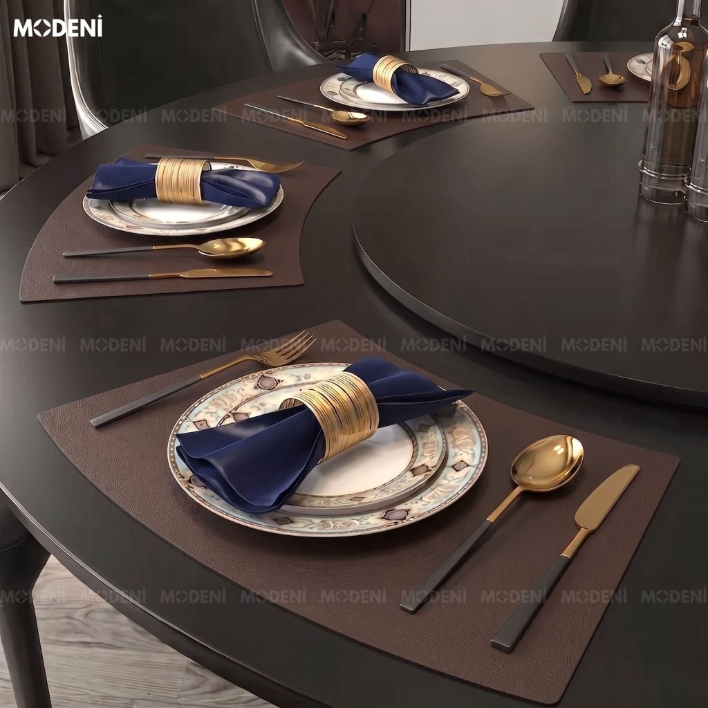 Tấm Lót Bàn Ăn Arcato Placemat PVC Giả Da Đen Nâu Dáng Cong Bán Nguyệt Chống Nước Dễ Lau Chùi Cho Bàn Tiệc