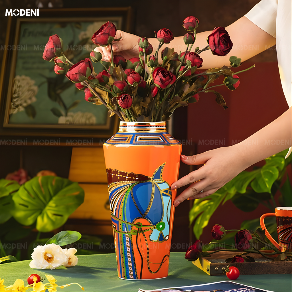 Bình Hoa Sứ Ridge Cao Cấp Họa Tiết Ngựa Kẻ Sọc Nổi Phong Cách Cổ Điển Sang Trọng