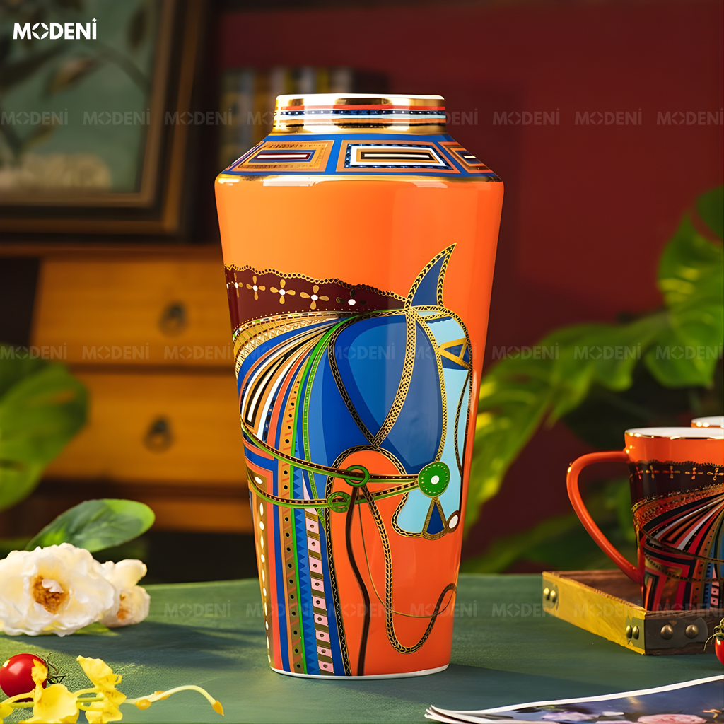 Bình Hoa Sứ Ridge Cao Cấp Họa Tiết Ngựa Kẻ Sọc Nổi Phong Cách Cổ Điển Sang Trọng