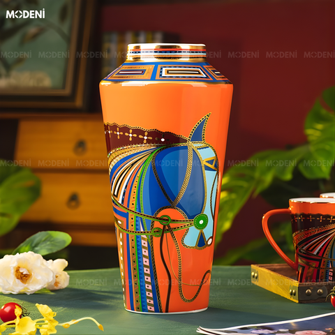  Bình Hoa Sứ Ridge Cao Cấp Họa Tiết Ngựa Kẻ Sọc Nổi Phong Cách Cổ Điển Sang Trọng 