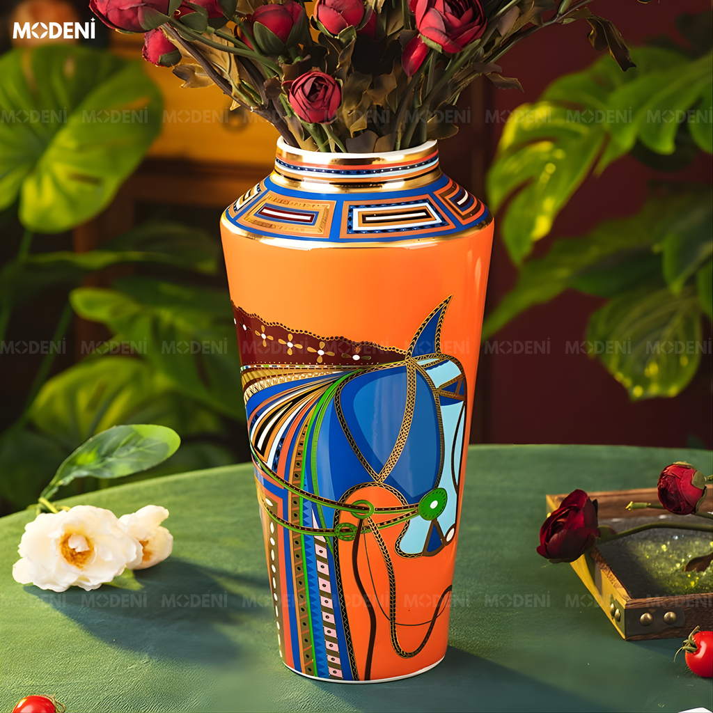 Bình Hoa Sứ Ridge Cao Cấp Họa Tiết Ngựa Kẻ Sọc Nổi Phong Cách Cổ Điển Sang Trọng