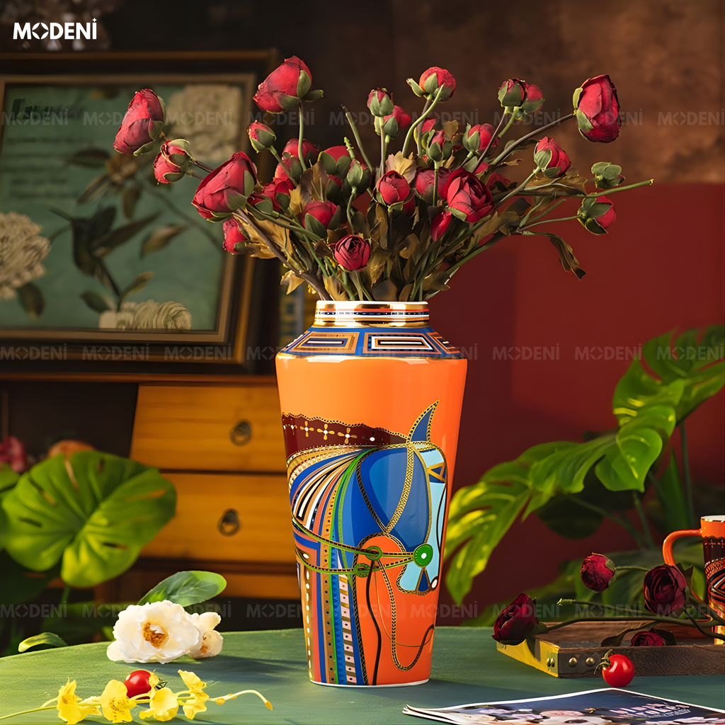 Bình Hoa Sứ Ridge Cao Cấp Họa Tiết Ngựa Kẻ Sọc Nổi Phong Cách Cổ Điển Sang Trọng