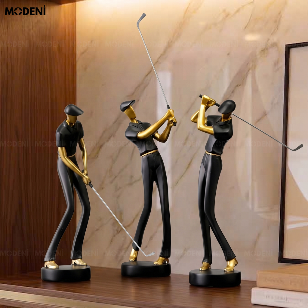 Tượng Golf Boss Đen Nghệ Thuật Hiện Đại – Cú Vung Lịch Lãm Phối Pha Lê – Decor Bàn Làm Việc, Kệ Sách, Văn Phòng Thiết Kế