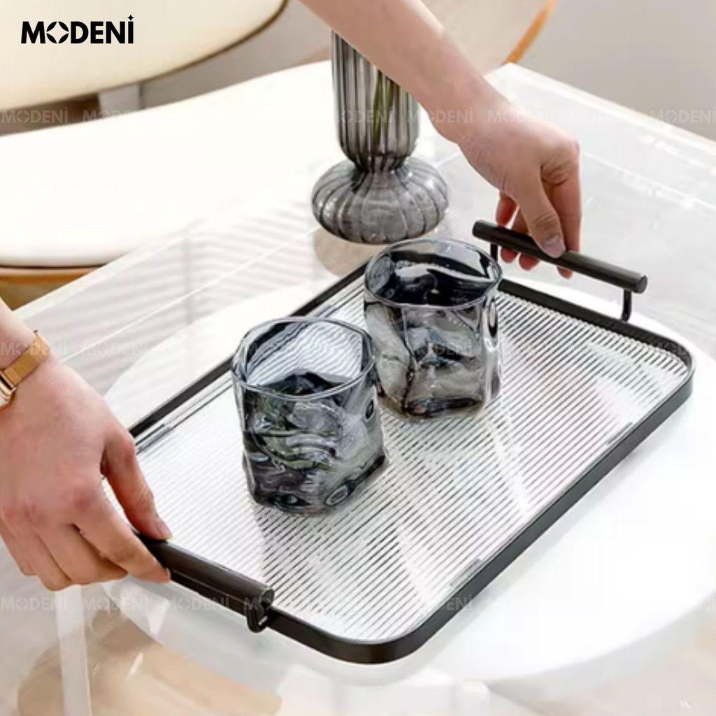 Khay Oriana Black – Khay Decor Bắc Âu Sang Trọng – Tay Cầm Vàng Tinh Tế, Đựng Bánh Kẹo, Đồ Uống