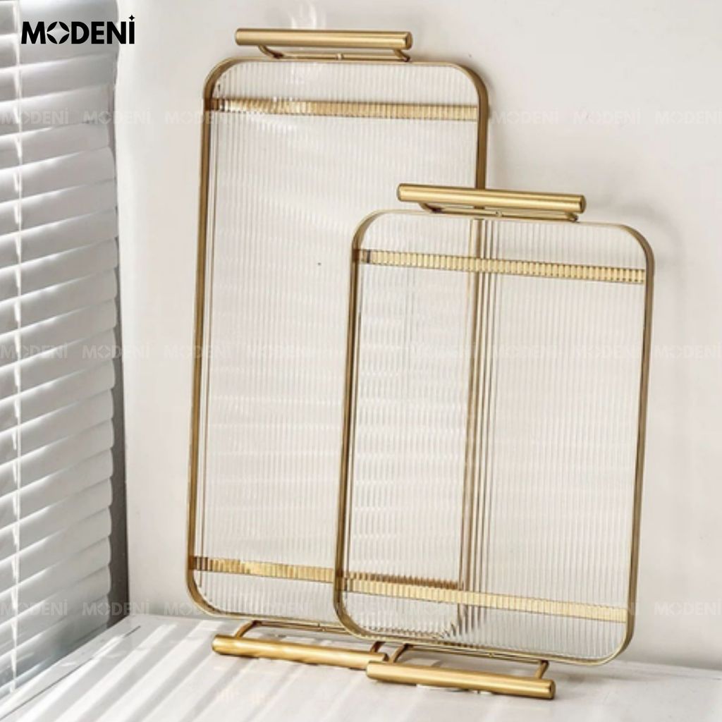 Khay Oriana Gold – Khay Decor Bắc Âu Sang Trọng – Tay Cầm Vàng Tinh Tế, Đựng Bánh Kẹo, Đồ Uống