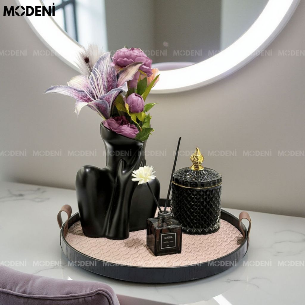 Khay Astrid Tròn Nâu Nhạt – Decor Gọn Nhẹ Hiện Đại – Mặt Da Vân Họa Tiết Nghệ Thuật, Phù Hợp Bàn Sofa, Kệ Tủ Minimal Sang Trọng