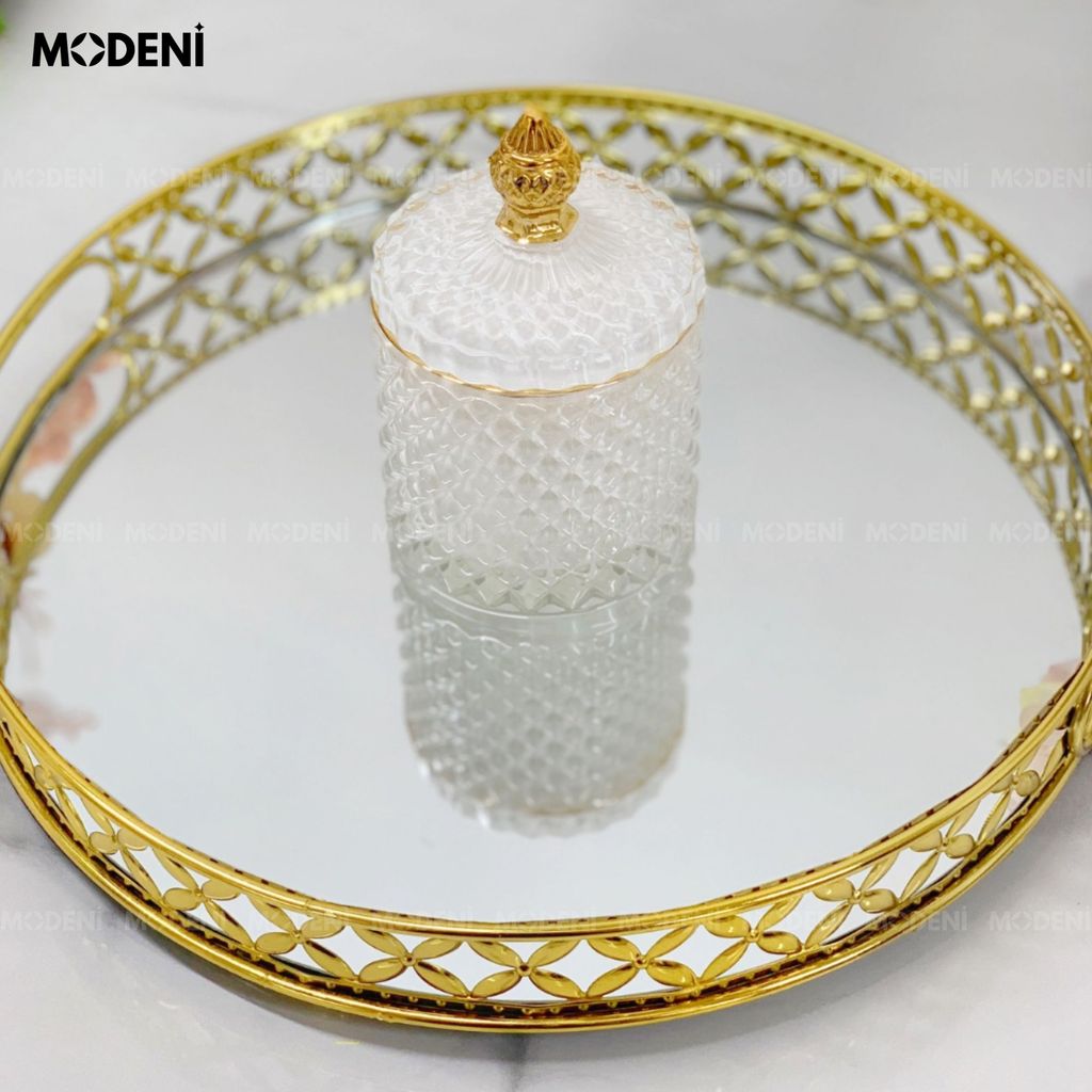 Khay Leona Tròn – Decor Mặt Gương Inox Vàng – Sang Trọng, Tinh Tế, Đậm Chất Châu Âu Cổ Điển Cho Bàn Trang Điểm, Sofa, Console