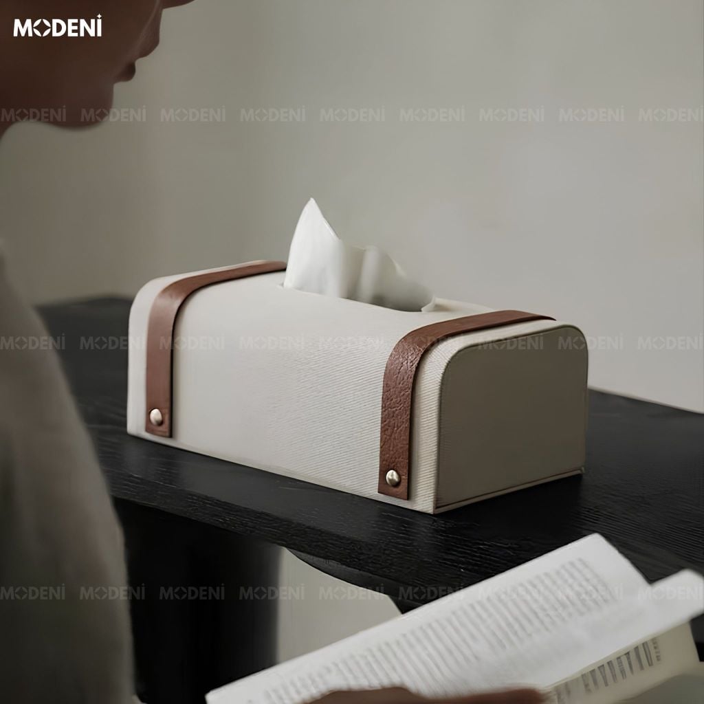 Hộp Khăn Giấy Kavet Da PU Phối Quai Nâu Dáng Rương Cổ Điển Màu Trắng Chống Bám Bụi Cho Bàn Trà Phòng Khách