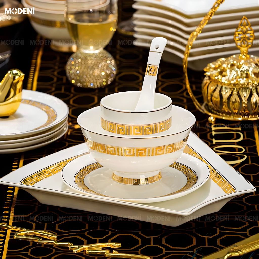 Bộ Chén Đĩa Tròn Sứ Xương Trevi Cao Cấp – Viền Vàng Hoàng Kim Tinh Xảo, Nghệ Thuật Hoàng Gia Cho Bàn Tiệc Sang Trọng
