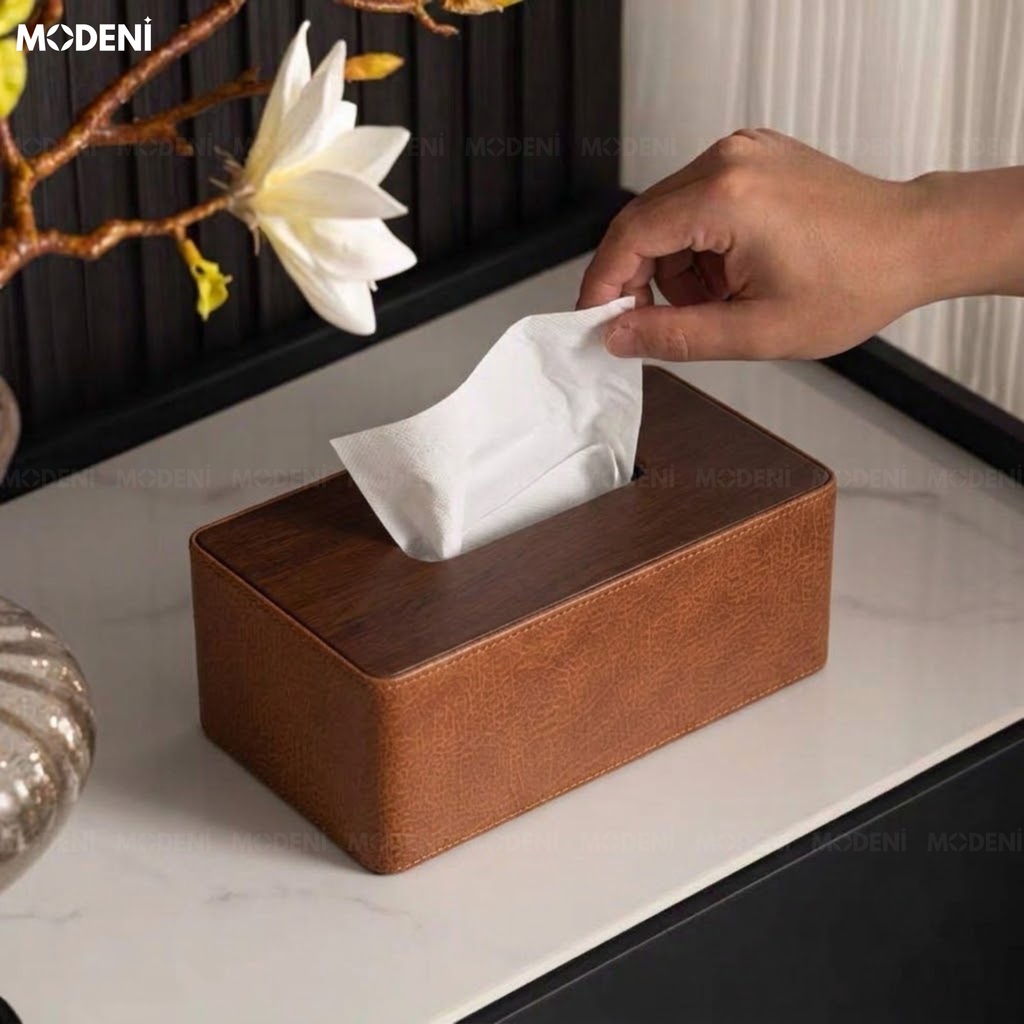 Hộp Khăn Giấy Valiso Da Phối Quai Nâu Dáng Rương Cổ Điển Màu Trắng Giữ Form Cứng Cáp Cho Bàn Trà Phòng Khách