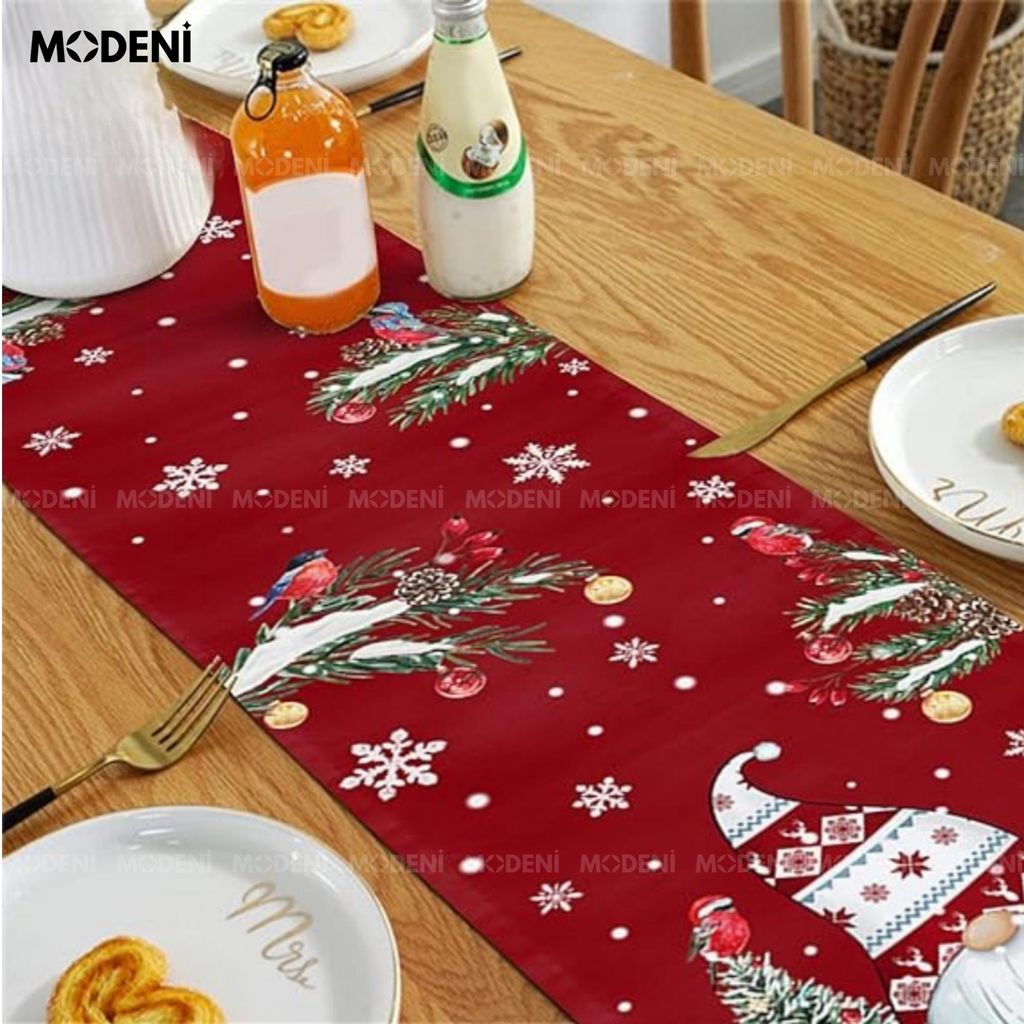 Khăn Table Runner Christmas Mr.Claus Red – Santa & Forest Scene, Dài 3m, Decor Giáng Sinh Ấm Cúng