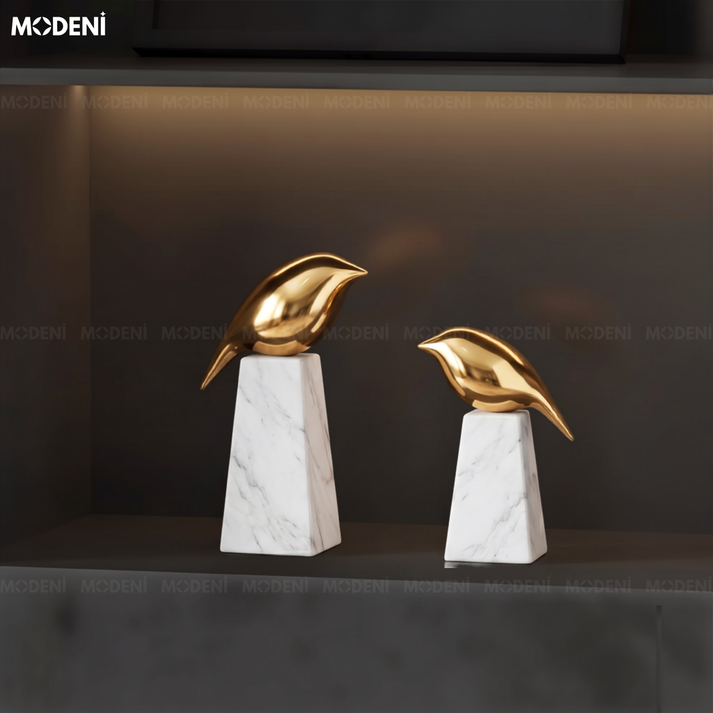 Tượng Aurora Chim Nghệ Thuật Cao Cấp – Ánh Kim Sang Trọng, Đế Đá Cẩm Thạch – Decor Bàn Console, Kệ Tủ, Không Gian Hiện Đại