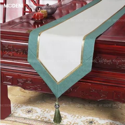khăn table runner travi cao cấp màu xanh mint phối vàng