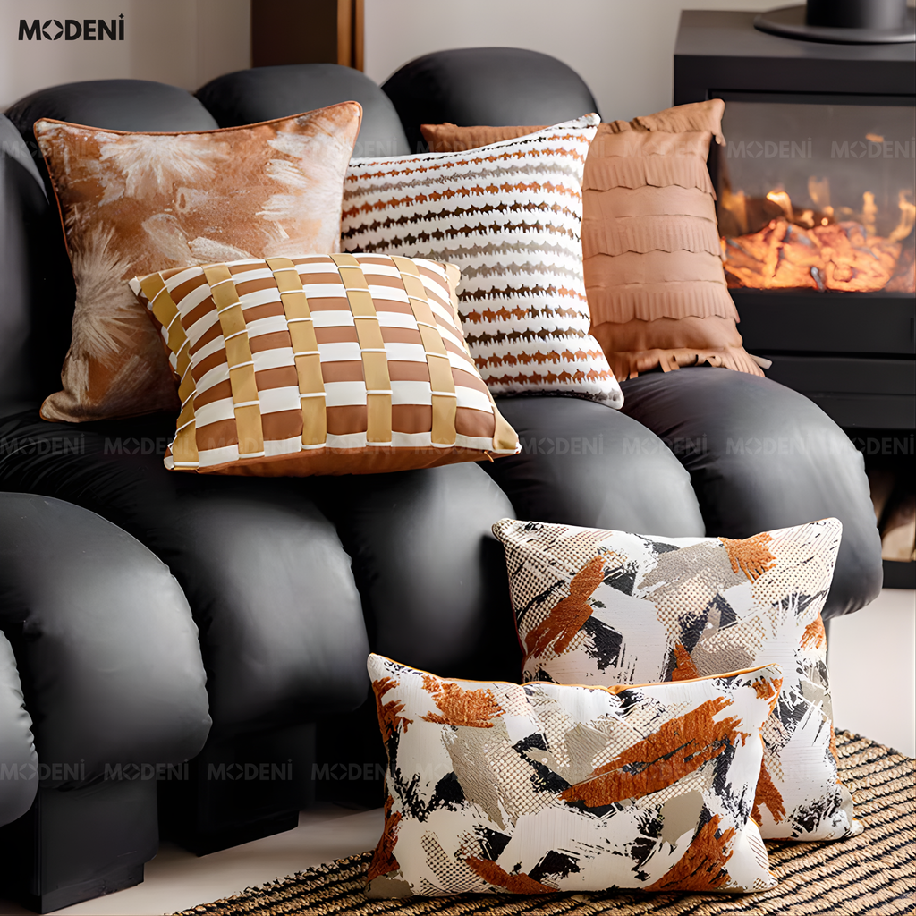 Vỏ Gối Sofa Woven – Da Microfiber Kết Hợp Vải Nhung Họa Tiết Caro Đa Lớp Đan Tay Hiện Đại