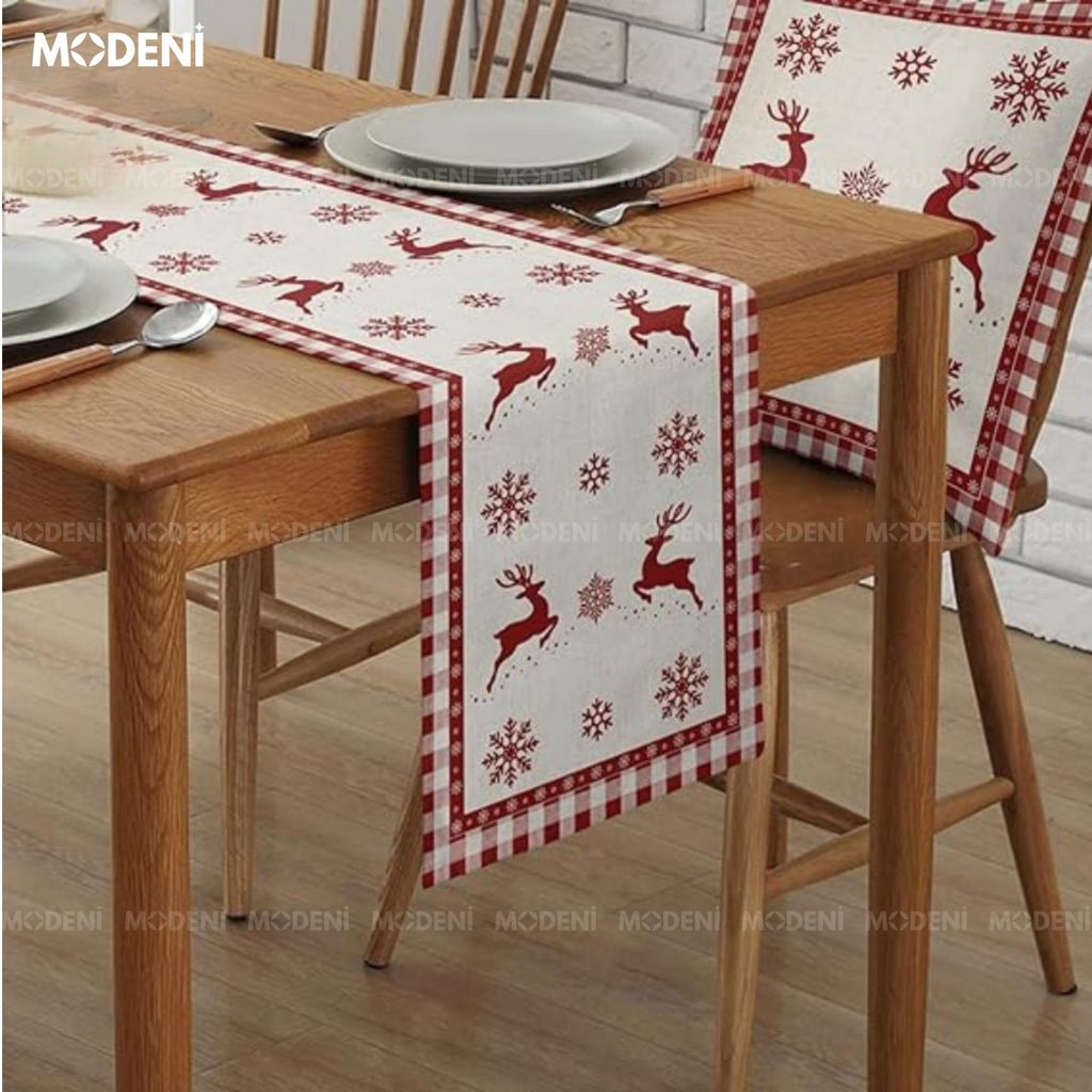Khăn Trải Bàn Table Runner White Deer Cao Cấp – Trang Trí Giáng Sinh “Tuần Lộc Trên Tuyết” Nghệ Thuật – Table Runner Red Vintage