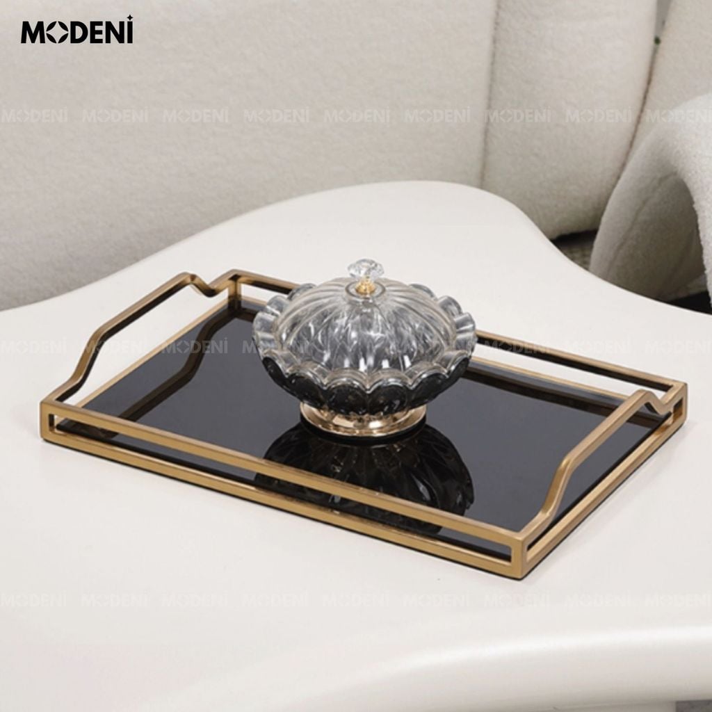 Khay Barocco Chữ Nhật – Decor Luxury Viền Vàng Mặt Gương Đen – Sang Trọng, Tinh Xảo Cho Bàn Console, Bàn Sofa Phong Cách Châu Âu Hiện Đại