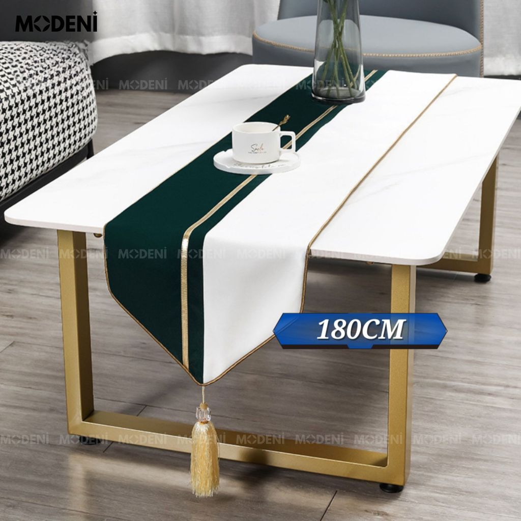 Khăn Bàn Table Runner Emerald Renai Cao Cấp – Thiết Kế Trắng Xám Ánh Vàng Thanh Lịch – Dành Cho Bàn Sofa, Bàn Tiệc Dài 1m8 – 2m4