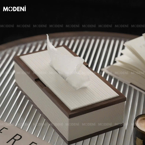 Hộp khăn giấy Orna trắng bằng gỗ phối da cao cấp đặt trên bàn làm việc tone be sáng