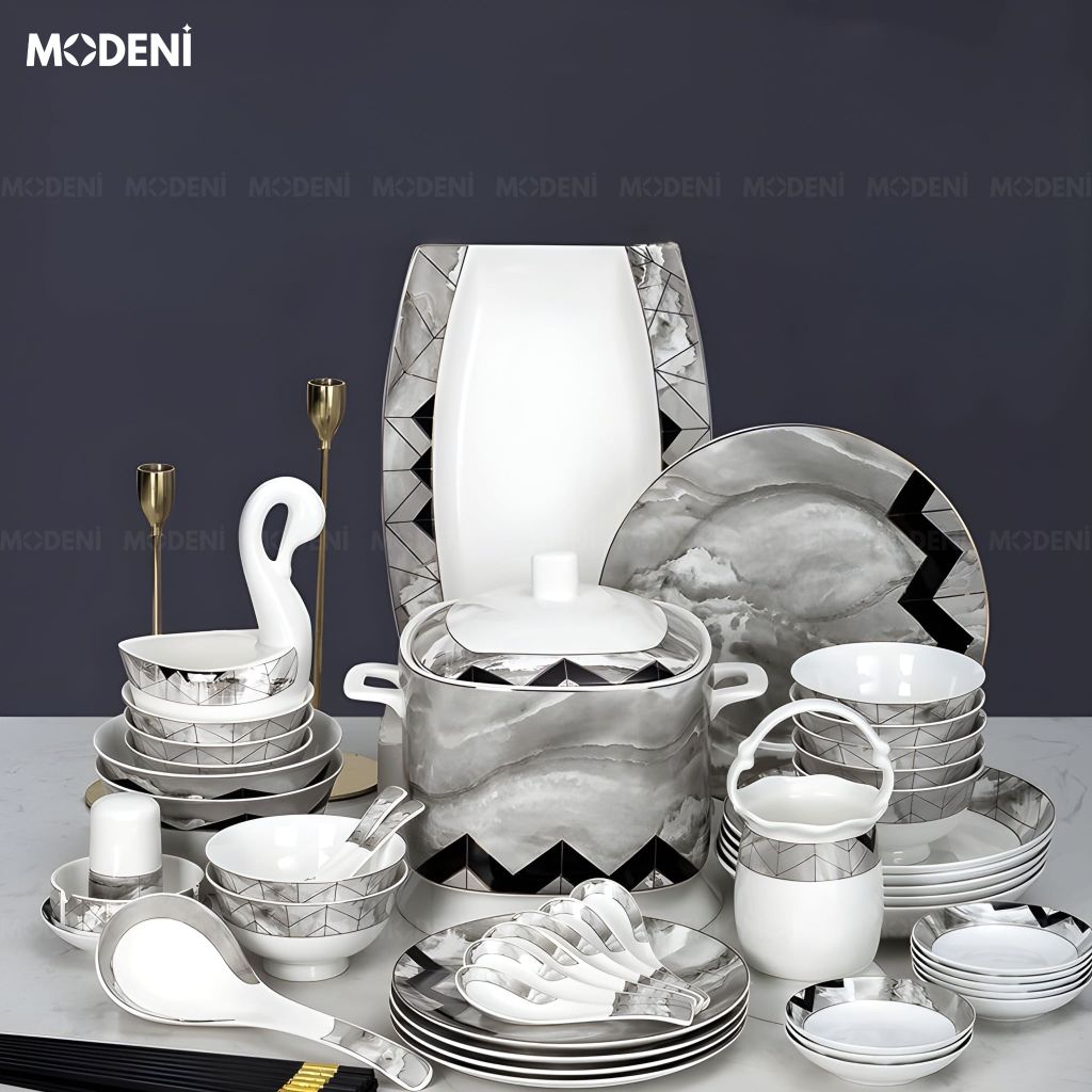 Bộ Chén Đĩa Noble Sứ Xương Trong Suốt Men Nano-Polymer Họa Tiết Đá Cẩm Thạch Cho Bàn Ăn Hiện Đại Sang Trọng