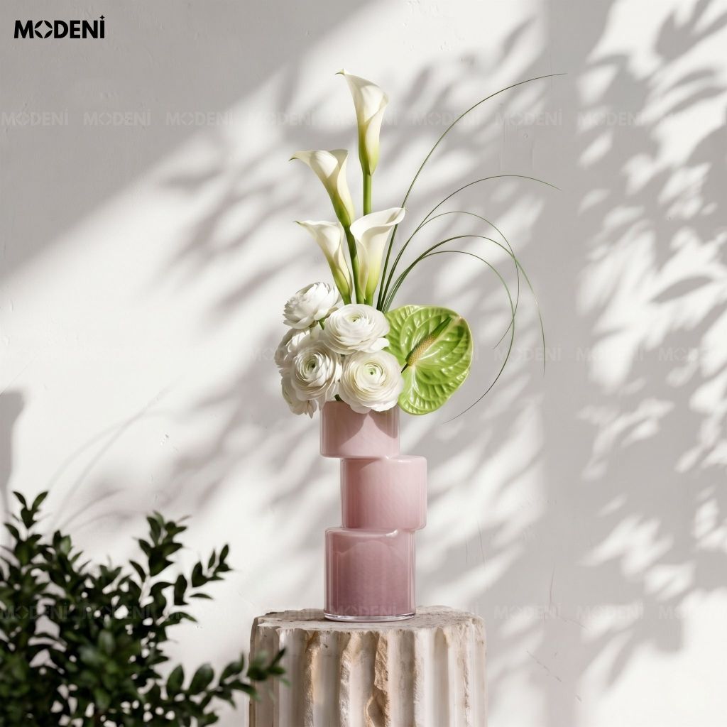 Bình Hoa Blush – Bình hoa thủy tinh hồng pastel nghệ thuật – Kiểu dáng xếp tầng hiện đại 25.5cm – Phù hợp decor bàn làm việc, kệ sách, phòng ngủ