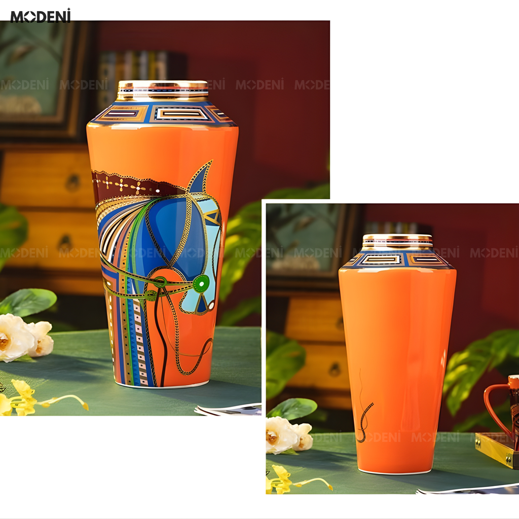 Bình Hoa Sứ Ridge Cao Cấp Họa Tiết Ngựa Kẻ Sọc Nổi Phong Cách Cổ Điển Sang Trọng