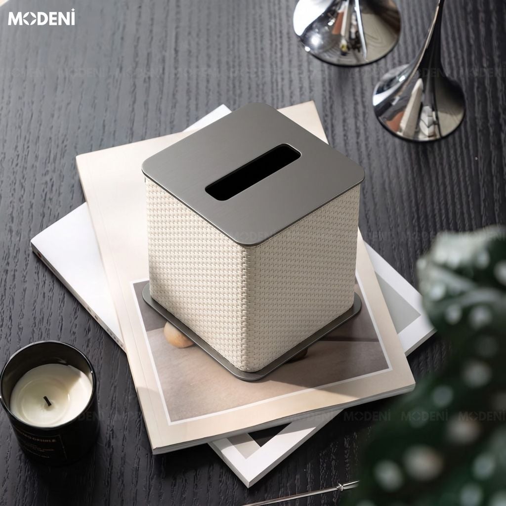 Hộp Khăn Giấy Keris White Vuông Da PU Cao Cấp Nắp Kim Loại Hiện Đại Cho Phòng Khách, Văn Phòng