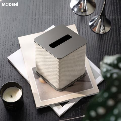  Hộp Khăn Giấy Keris White Vuông Da PU Cao Cấp Nắp Kim Loại Hiện Đại Cho Phòng Khách, Văn Phòng 