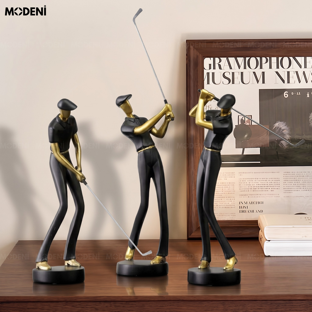 Tượng Golf Boss Đen Nghệ Thuật Hiện Đại – Cú Vung Lịch Lãm Phối Pha Lê – Decor Bàn Làm Việc, Kệ Sách, Văn Phòng Thiết Kế