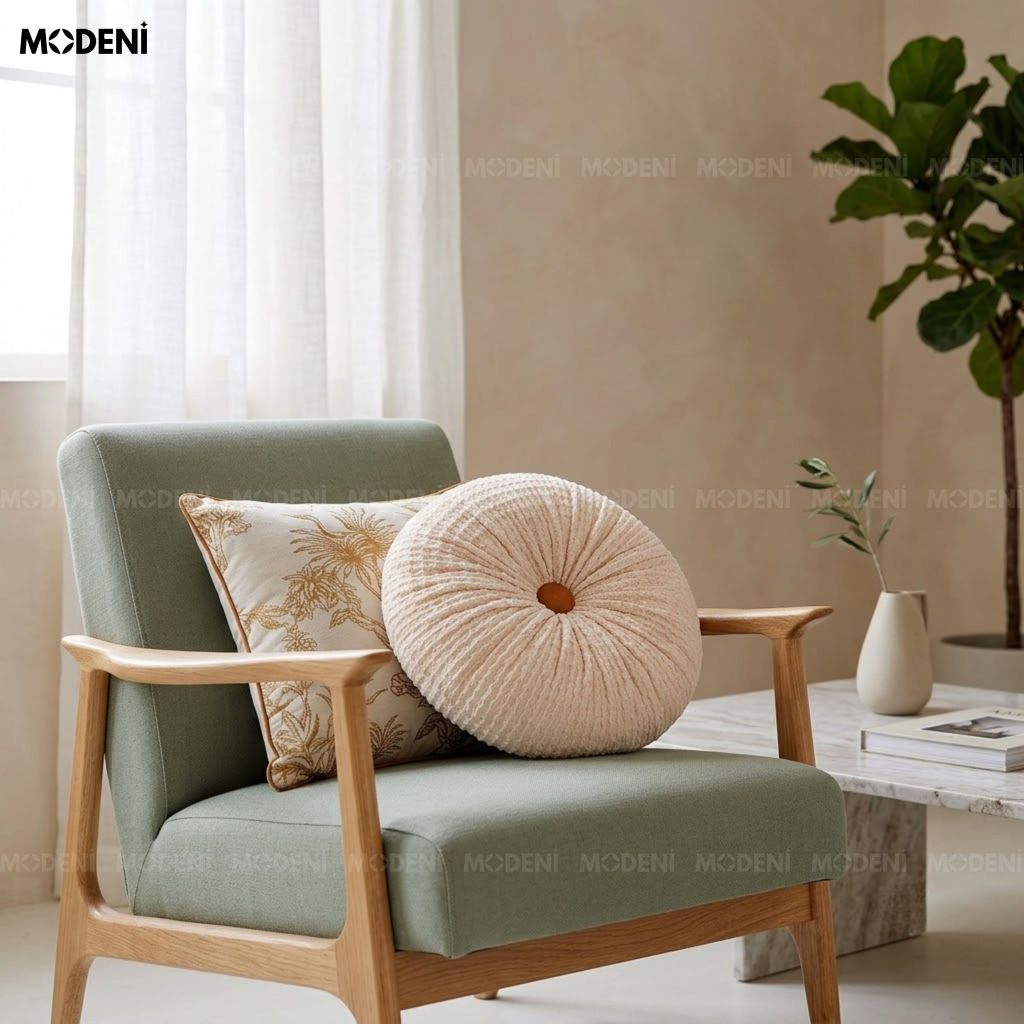 Vỏ Gối Sofa Pompon Vải Len Xốp Phong Cách Hàn Quốc Dáng Tròn Xếp Ly Đính Cúc Nâu Cho Ghế Thư Giãn