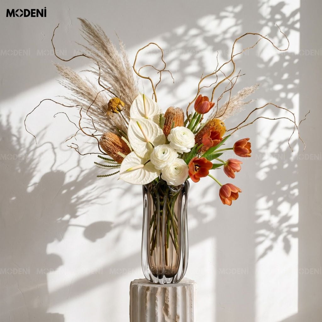 Bình Hoa Thủy Tinh Ambra Cao Cấp Màu Hổ Phách – Gợn Sóng Nghệ Thuật – Decor Hiện Đại Tối Giản Bàn Console