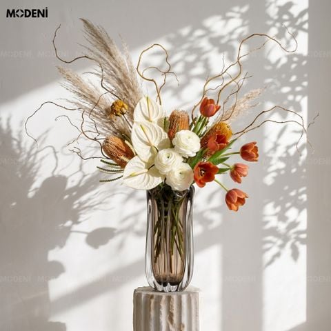  Bình Hoa Thủy Tinh Ambra Cao Cấp Màu Hổ Phách – Gợn Sóng Nghệ Thuật – Decor Hiện Đại Tối Giản Bàn Console 