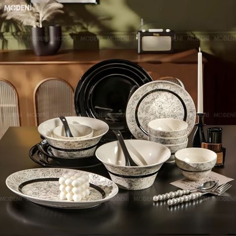  Bộ Chén Đĩa Sứ Xương Cao Cấp Roseline – Họa Tiết Hoa Hồng Pháp Cổ Điển, Tông Đen Trắng Thanh Lịch Chuẩn Bàn Tiệc Parisian Chic 