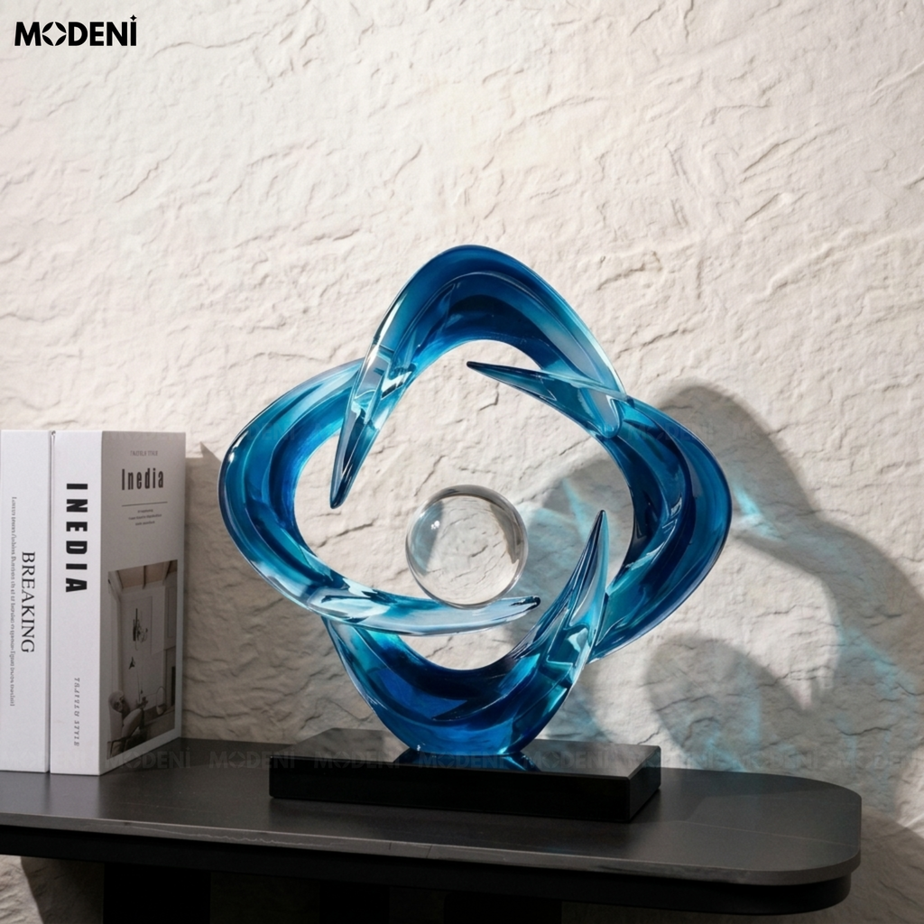Tượng decor Cosmic Blue – Resin nghệ thuật phối cầu thủy  tinh, điểm nhấn sang trọng cho mọi không gian