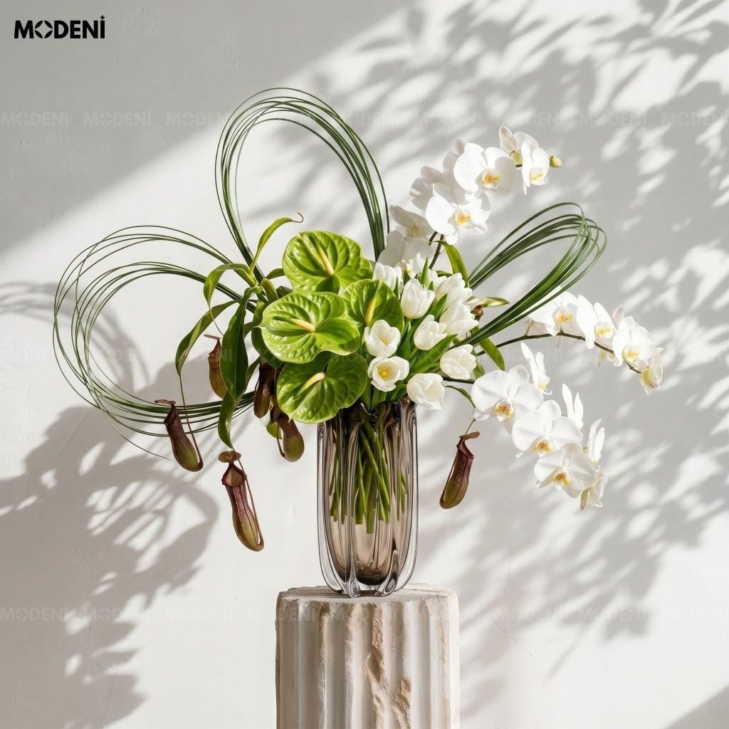Bình Hoa Thủy Tinh Ambra Cao Cấp Màu Hổ Phách – Gợn Sóng Nghệ Thuật – Decor Hiện Đại Tối Giản Bàn Console