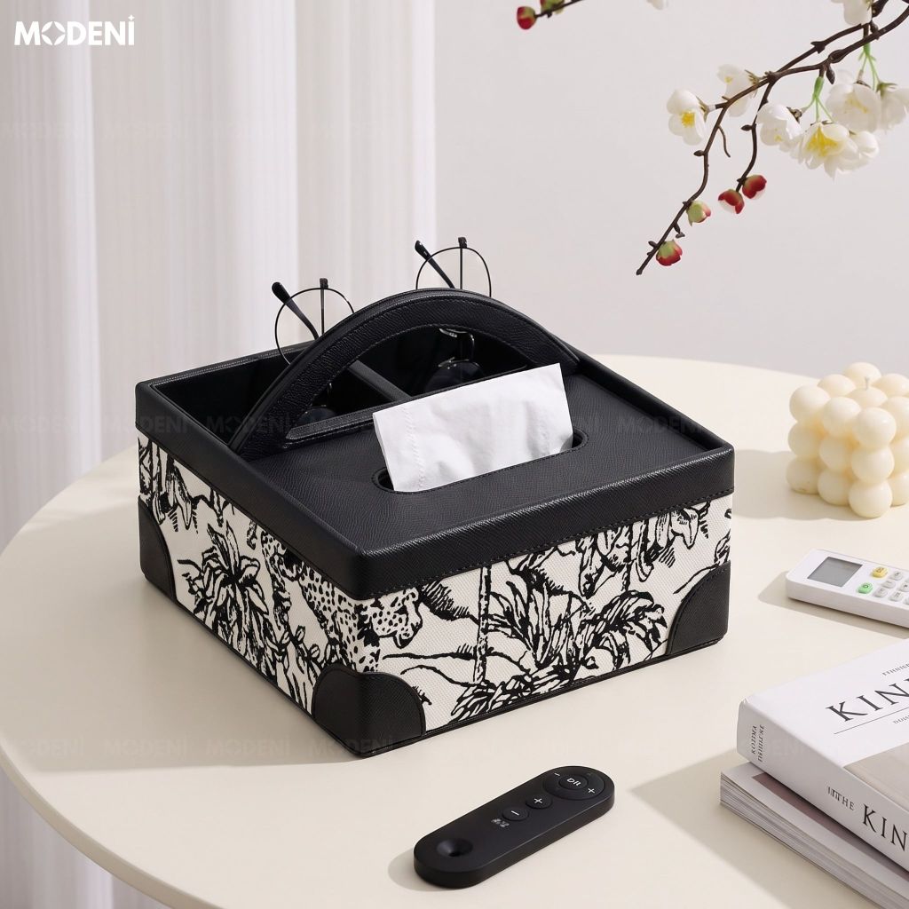 Hộp Khăn Giấy Kellan Vải Dệt Họa Tiết Báo Rừng Phối Da PU Cao Cấp Phong Cách Hiện Đại Nghệ Thuật Cho Phòng Khách Và Văn Phòng