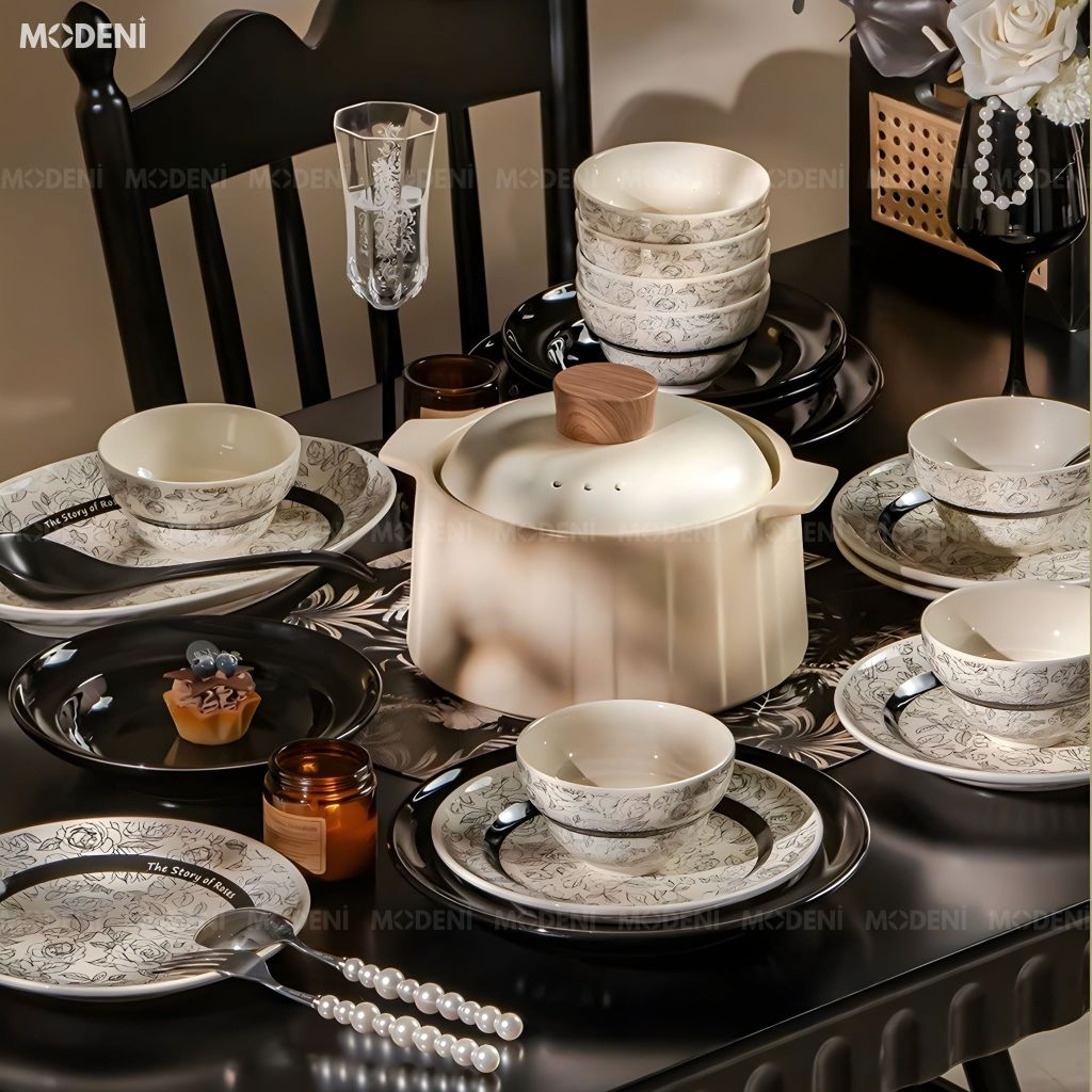 Bộ Chén Đĩa Sứ Tráng Men Cao Cấp Roseline – Họa Tiết Hoa Hồng Pháp Cổ Điển, Tông Đen Trắng Thanh Lịch Chuẩn Bàn Tiệc Parisian Chic