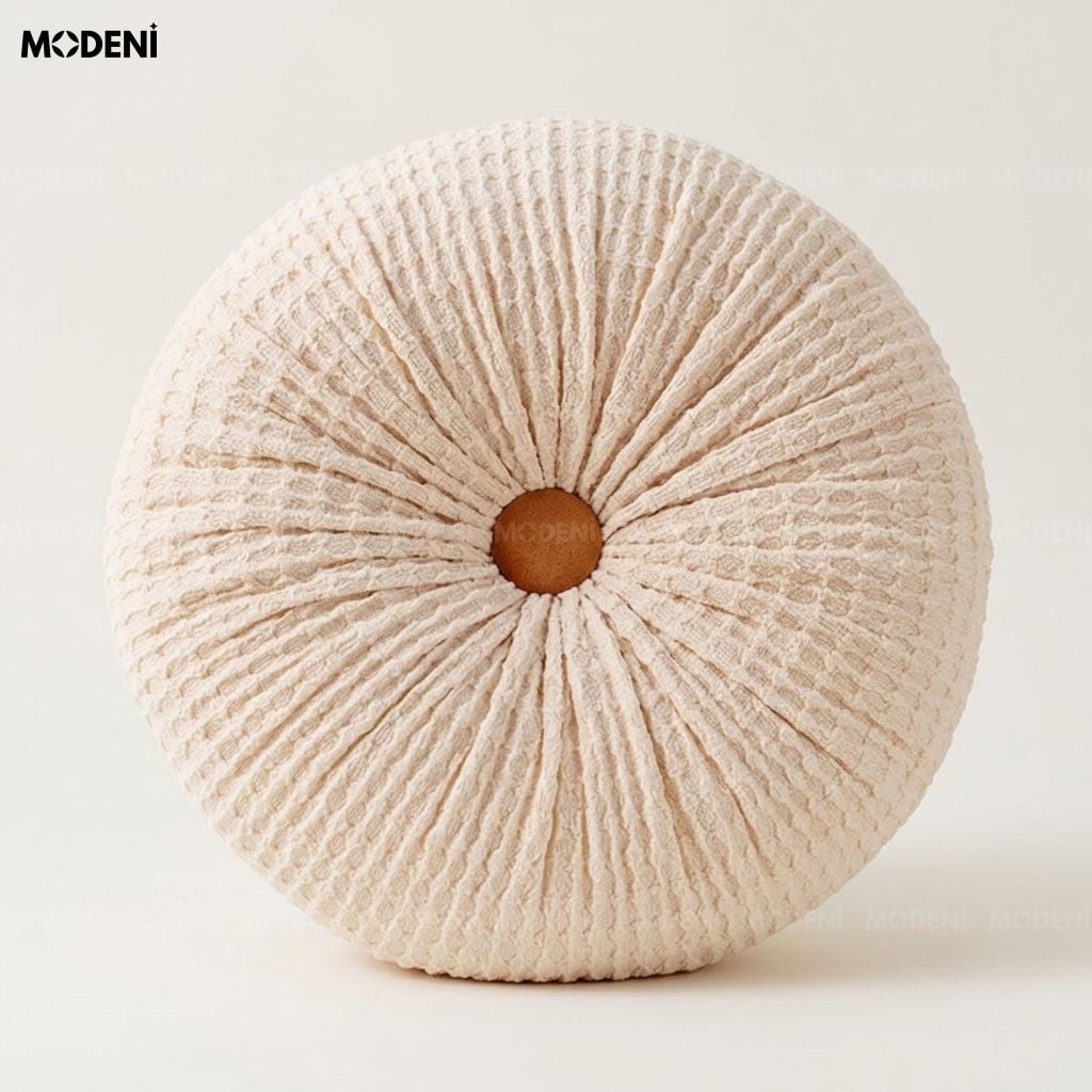 Vỏ Gối Sofa Pompon Vải Len Xốp Phong Cách Hàn Quốc Dáng Tròn Xếp Ly Đính Cúc Nâu Cho Ghế Thư Giãn