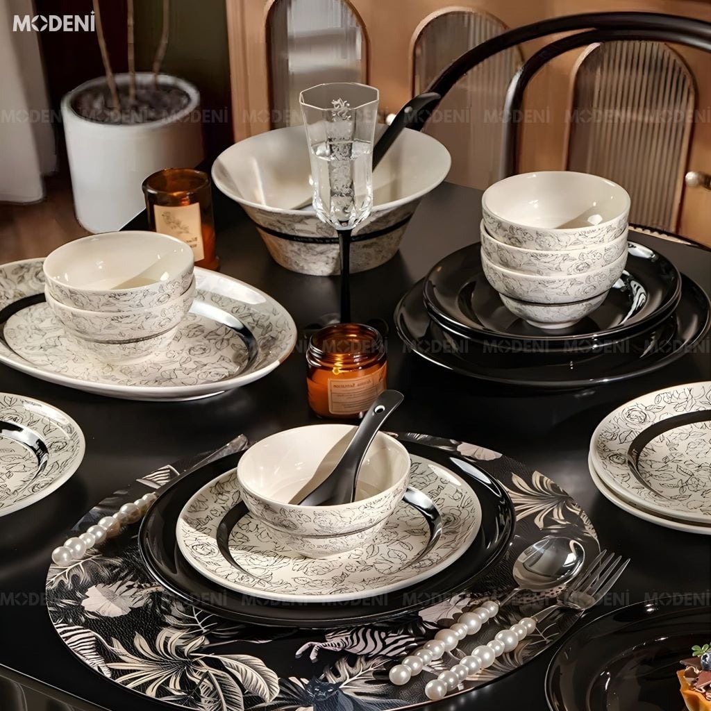 Bộ Chén Đĩa Sứ Tráng Men Cao Cấp Roseline – Họa Tiết Hoa Hồng Pháp Cổ Điển, Tông Đen Trắng Thanh Lịch Chuẩn Bàn Tiệc Parisian Chic
