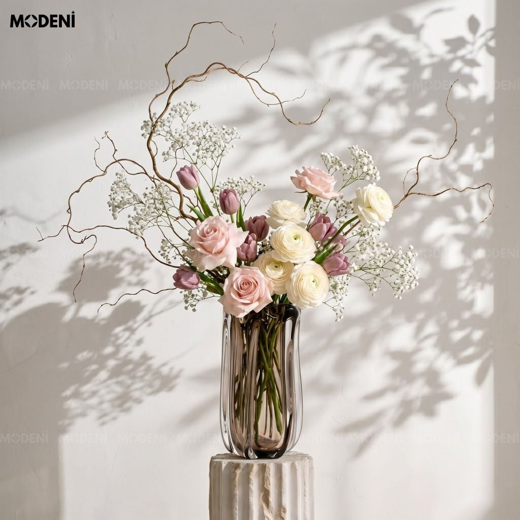 Bình Hoa Thủy Tinh Ambra Cao Cấp Màu Hổ Phách – Gợn Sóng Nghệ Thuật – Decor Hiện Đại Tối Giản Bàn Console