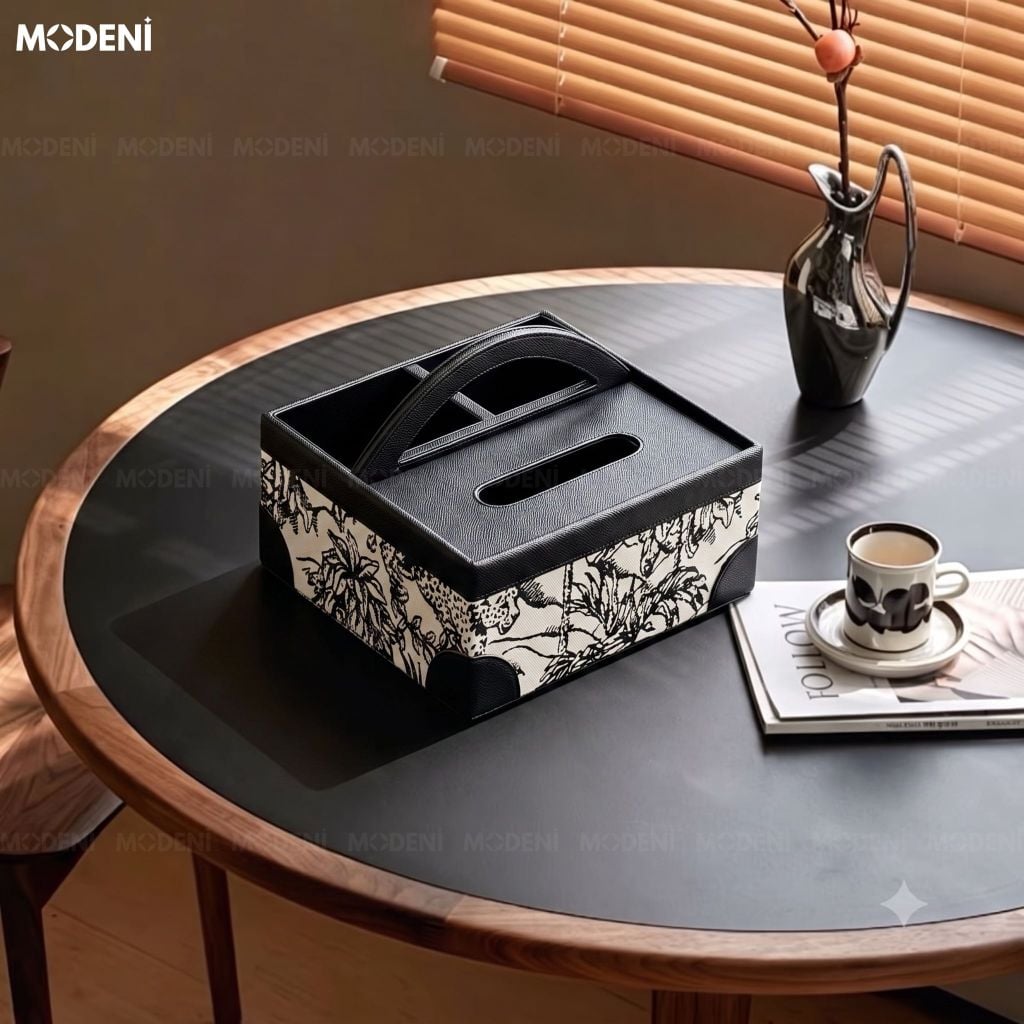 Hộp Khăn Giấy Kellan Vải Dệt Họa Tiết Báo Rừng Phối Da PU Cao Cấp Phong Cách Hiện Đại Nghệ Thuật Cho Phòng Khách Và Văn Phòng