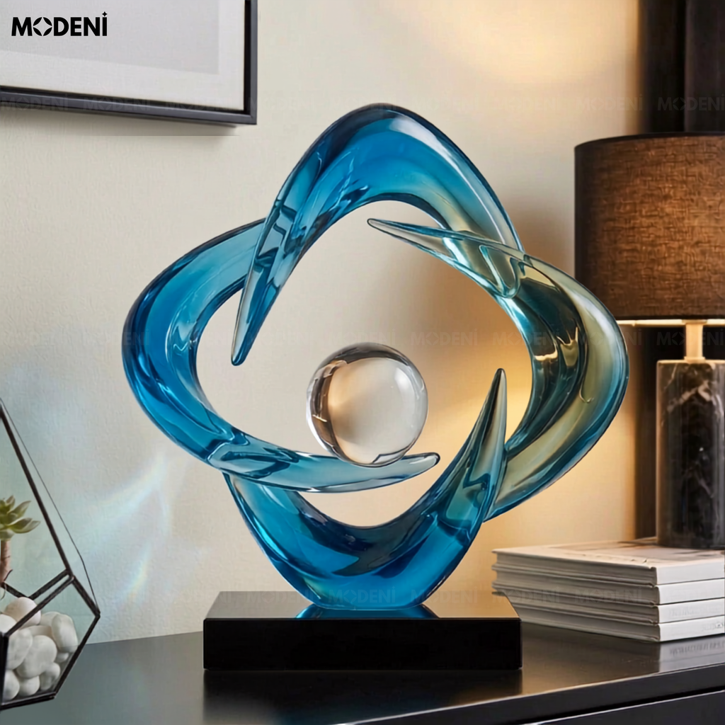 Tượng decor Cosmic Blue – Resin nghệ thuật phối cầu thủy  tinh, điểm nhấn sang trọng cho mọi không gian