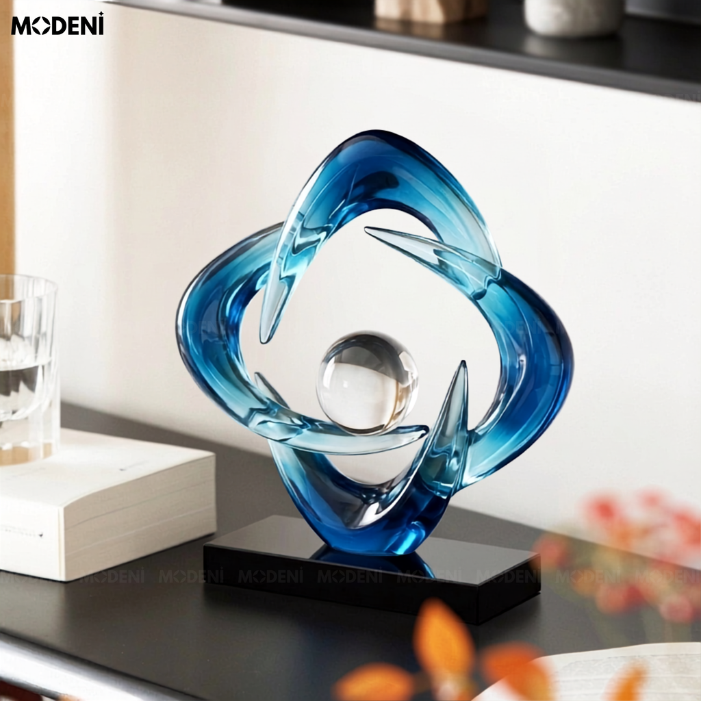 Tượng decor Cosmic Blue – Resin nghệ thuật phối cầu thủy  tinh, điểm nhấn sang trọng cho mọi không gian