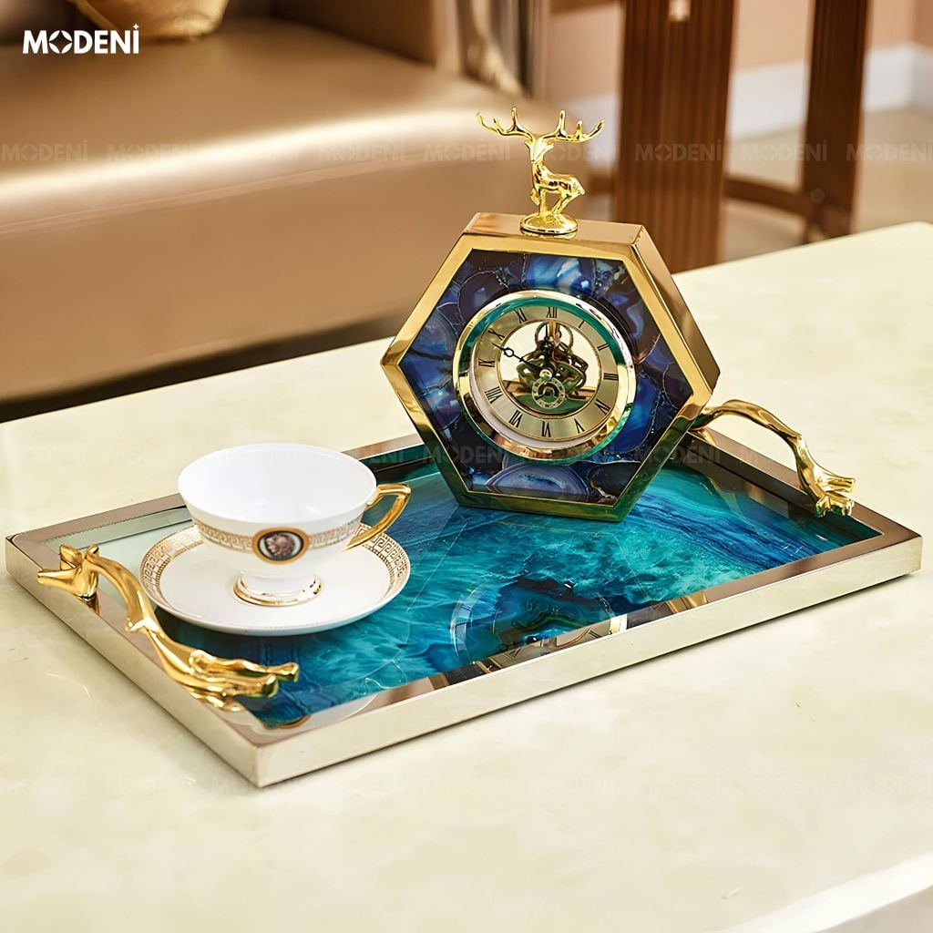 Khay Chữ Nhật Lazuli Trang Trí Mặt Thủy Tinh Cao Cấp Khung Inox Sang Trọng Màu Xanh Lưu Ly